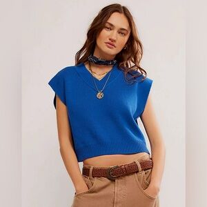 Free People Easy Street Sweater Vest Blue Size M V-Neck Knit Cropped